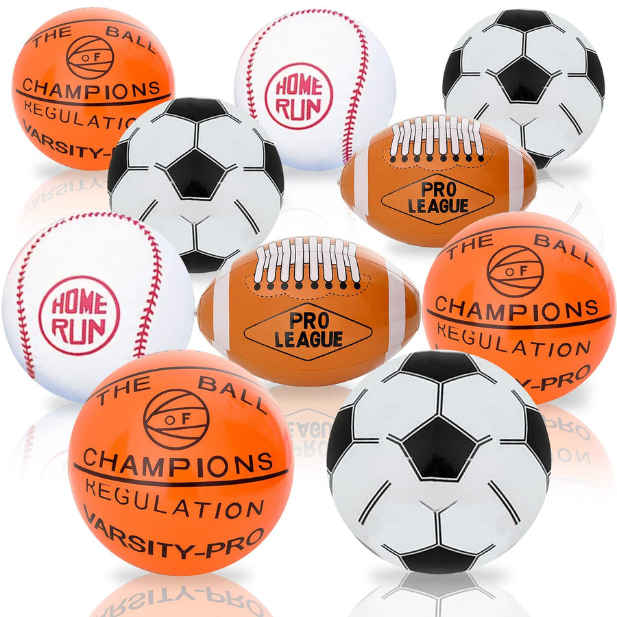 Sports Beach Balls – Set of 12 Inflatable Football, Soccer, Baseball & Basketball Balls