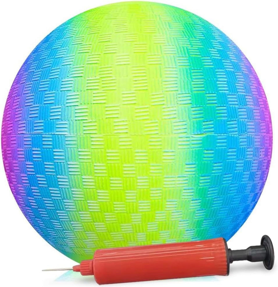 Rainbow Playground Ball for Kids with Hand Pump, Bouncy 9 Inch Kick Ball for Backyard, Park, and Beach Outdoor Fun