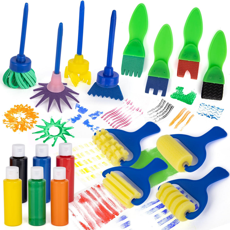 Kids Paint Brush & Roller Set with Paint – 18 Pc Toddler Art Kit with 6 Paint Bottles