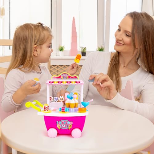 Pretend Play Toy Ice Cream Cart for Kids - 28-Piece Ice Cream Play Set with Attachable Food Items, Lights, and Sounds - Ages 3 Plus