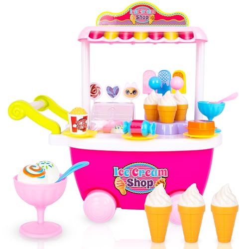 Pretend Play Toy Ice Cream Cart for Kids - 28-Piece Ice Cream Play Set with Attachable Food Items, Lights, and Sounds - Ages 3 Plus
