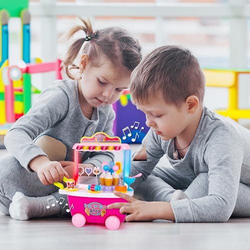 Pretend Play Toy Ice Cream Cart for Kids - 28-Piece Ice Cream Play Set with Attachable Food Items, Lights, and Sounds - Ages 3 Plus