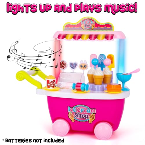 Pretend Play Toy Ice Cream Cart for Kids - 28-Piece Ice Cream Play Set with Attachable Food Items, Lights, and Sounds - Ages 3 Plus