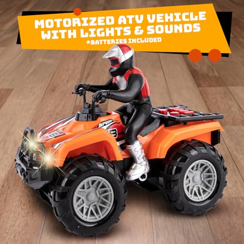 Light Up ATV Toy with Sounds - 10 Inch Toy Four Wheeler with Headlights, Sounds, and Button Activated Motion
