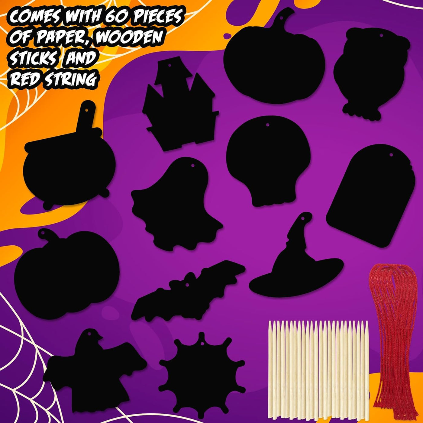 Halloween Scratch Art for Kids - 60 Sets of Scratch Paper - Halloween Crafts (Bulk) with 60 Designs, 60 Sticks, & 60 Pieces of Red String