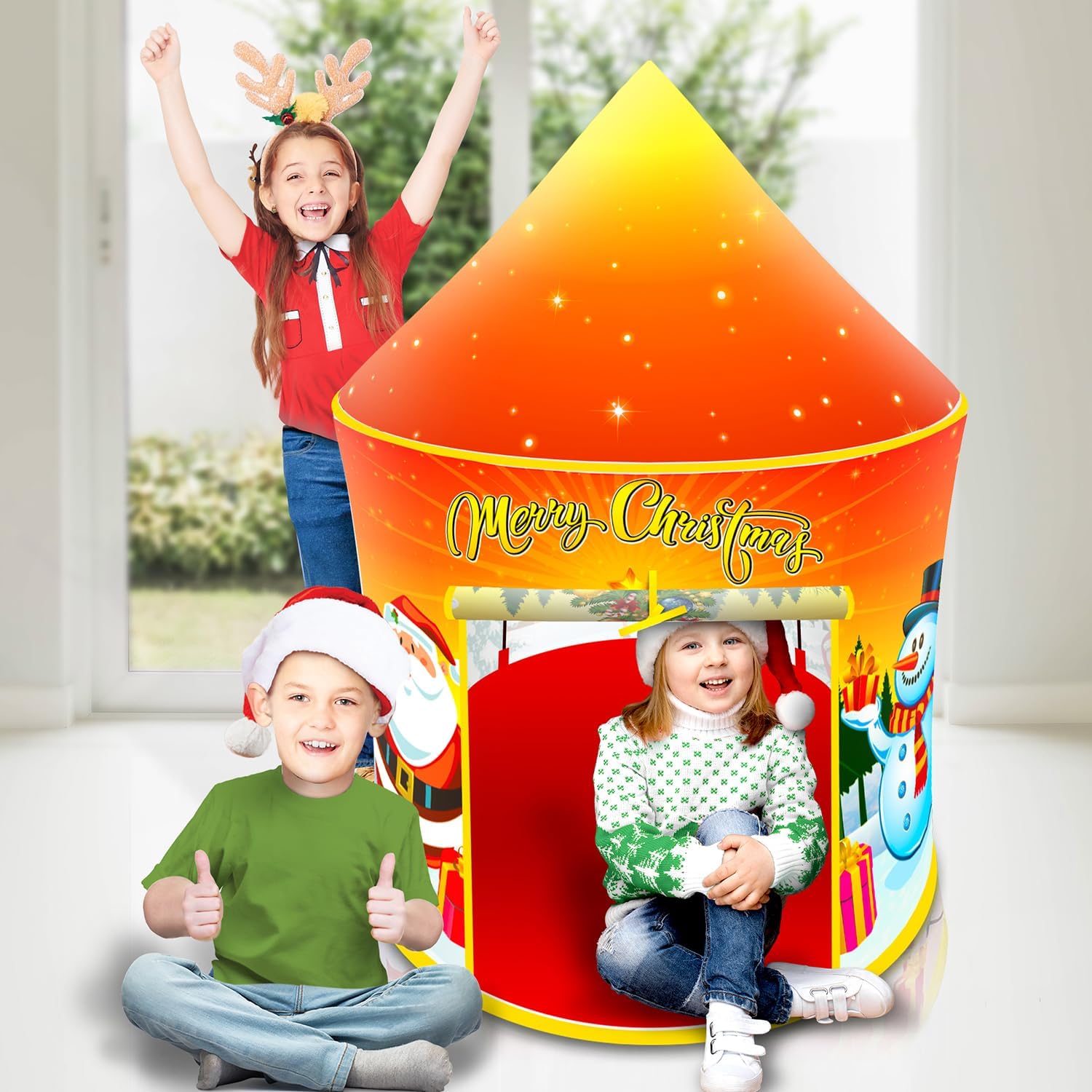 Christmas Tent for Kids, Small Pop Up Tent for Indoor Play, Includes Stabilizing Rods and Carry Bag