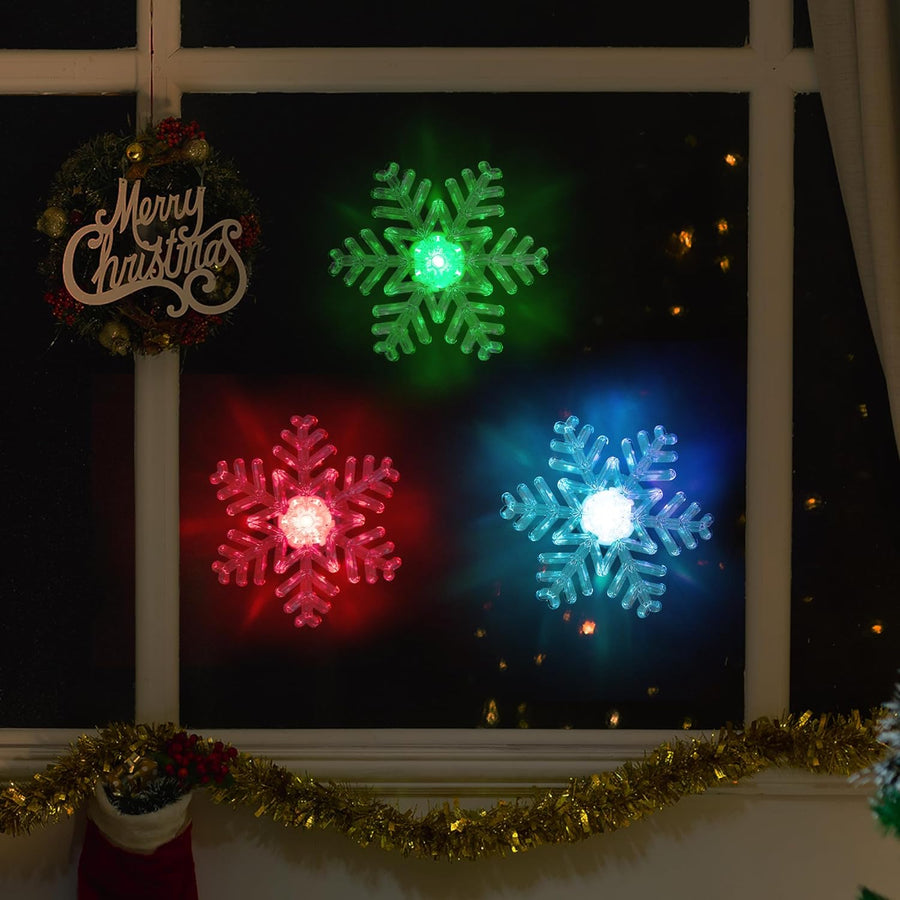 Suction Cup Window Lights for Christmas - Set of 3 Stick on Christmas Lights - Snowflake Window Light Decorations That Light Up in Green, Blue, Purple, and Red
