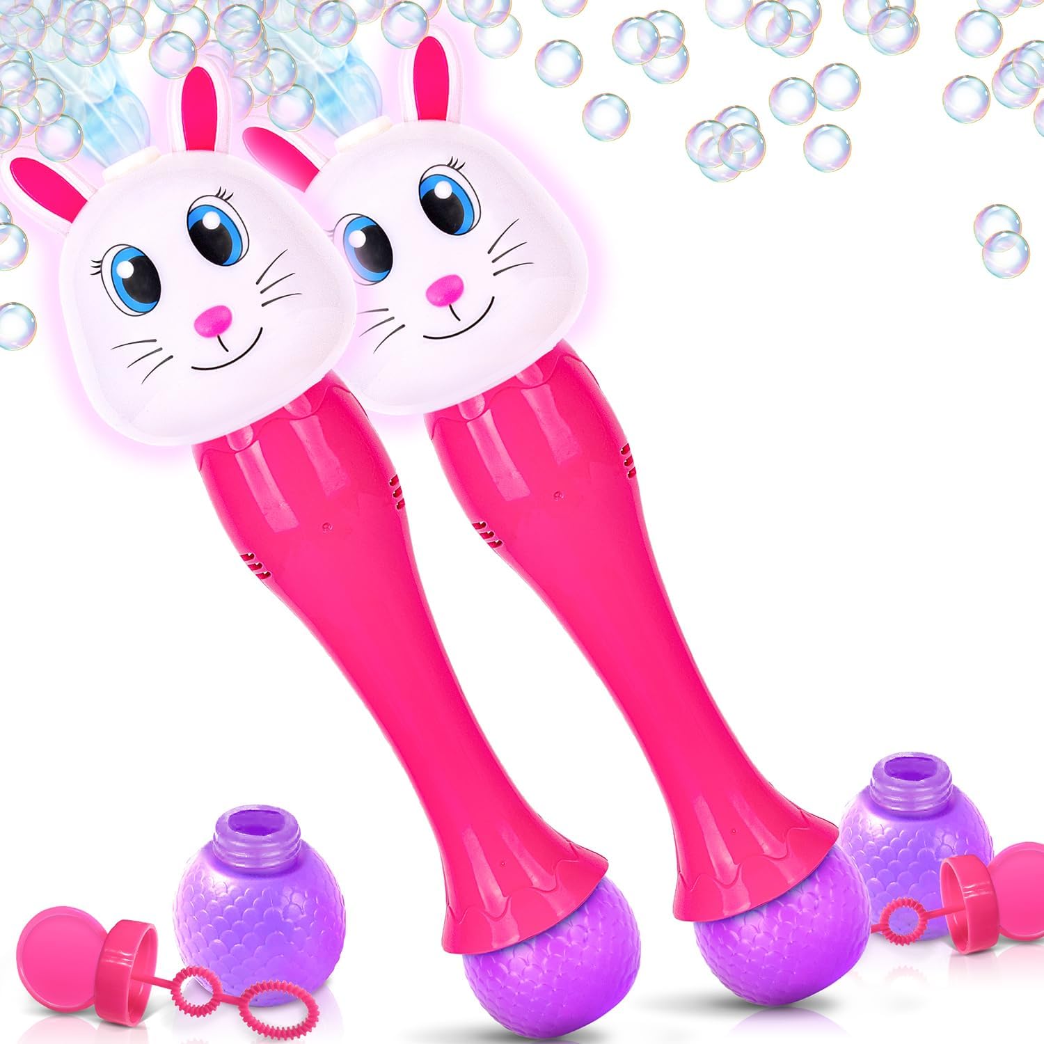 Light Up Bunny Easter Bubble Wands - Set of 2 Bunny Bubble Wands - 14 Inch Illuminating Blower with Thrilling LED & Sound Effect