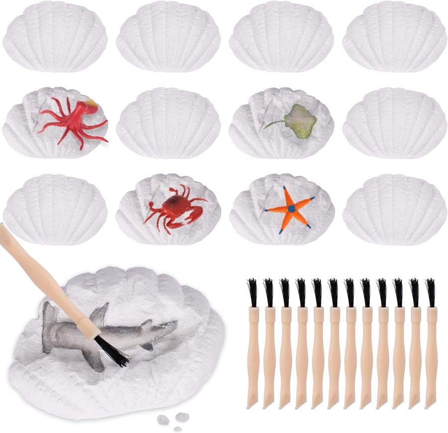 Ocean Animals Toys Excavation Kit - 12 Seashells and 12 Excavation Tools - Includes 12 Different Sea Animal Toys