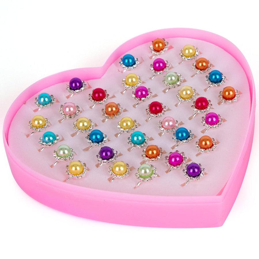 Little Girls Ring Set - Set of 36 Rings for Girls - Multi-Colored Kids’ Rings in Heart Window Box - For Ages 4-10