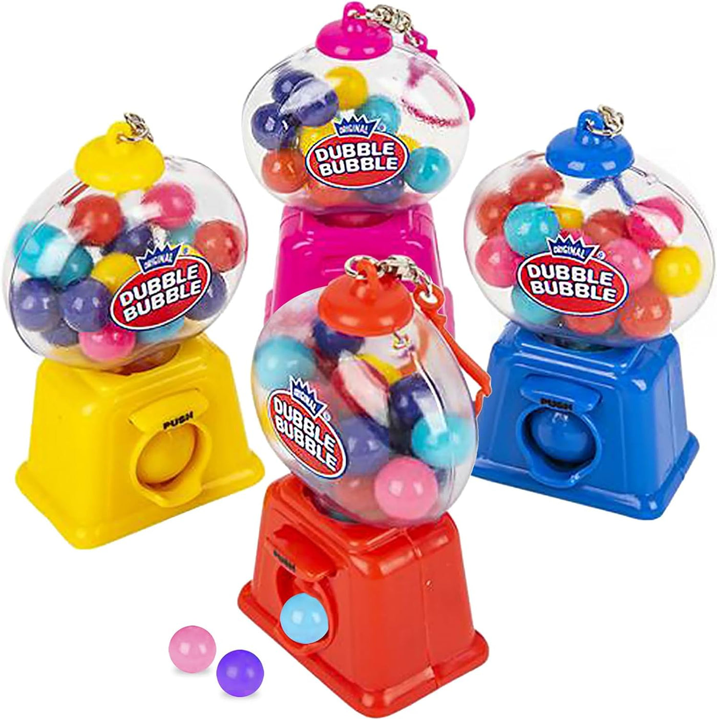 Bubble Gum Machine Keychains for Kids - Set of 4 Mini Gumball Machines - Colorful Candy Dispenser Key Chains with Mini Gumballs Inside