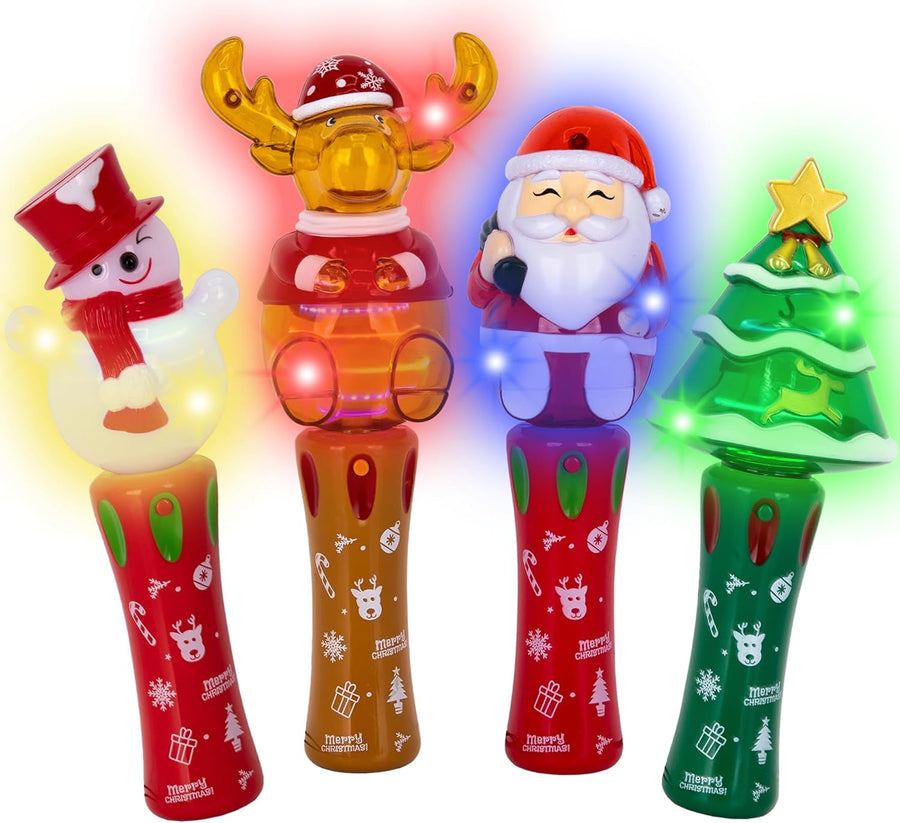 Light Up Christmas Spinner Wands - Set of 4- Spinning Christmas Wands for Kids with Multicolored LEDs - 4 Festive Designs