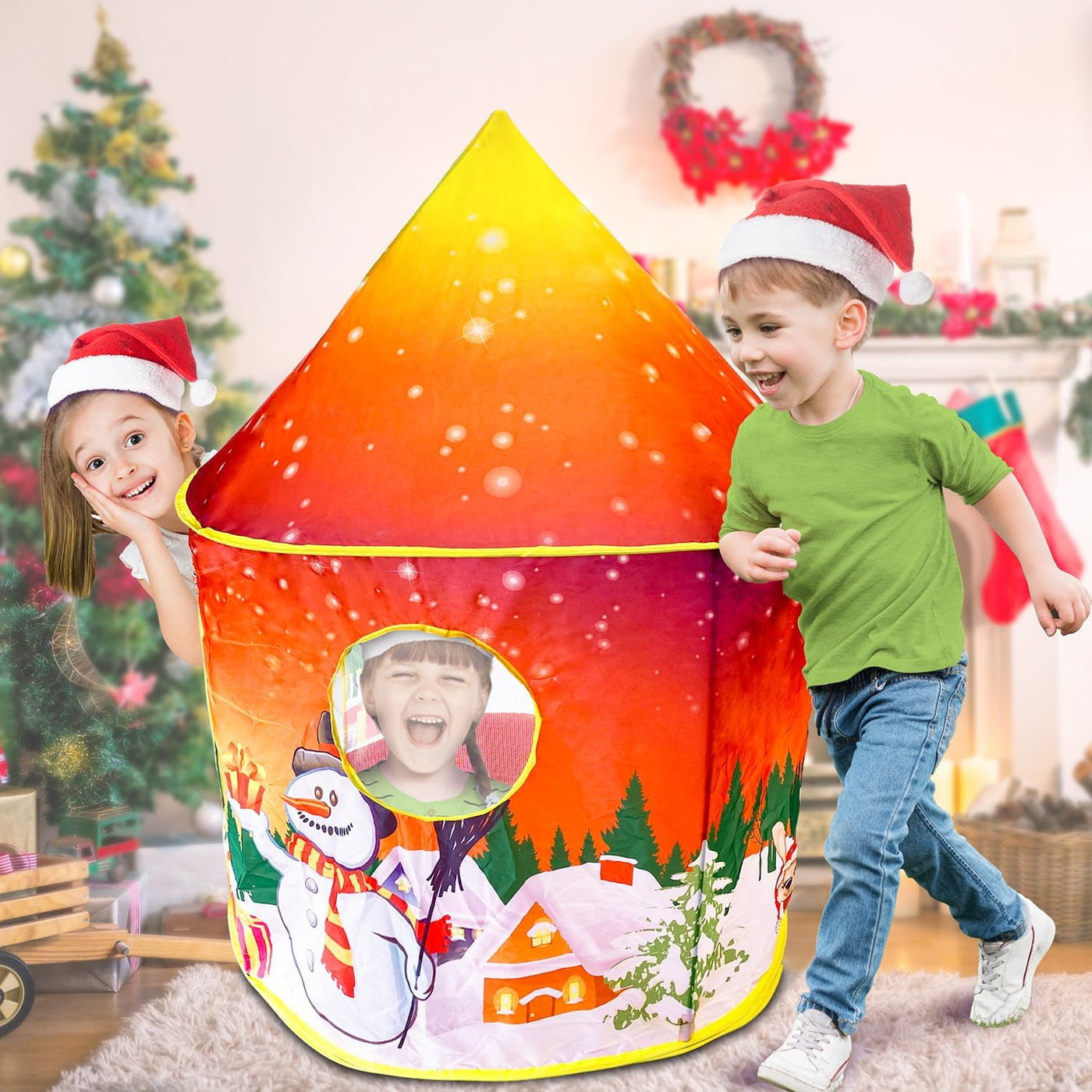 Christmas Tent for Kids, Small Pop Up Tent for Indoor Play, Includes Stabilizing Rods and Carry Bag