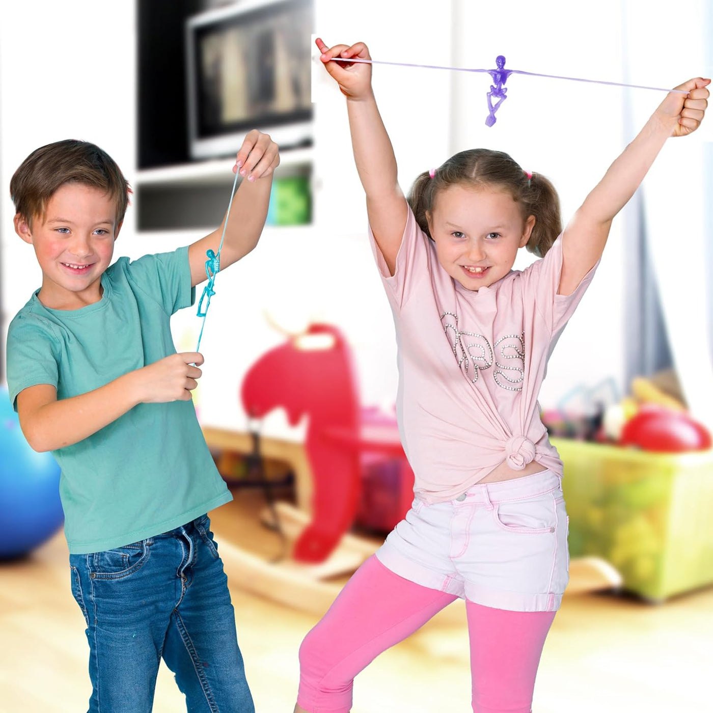 Super Stretchy Skeleton Toys - Set of 48 - Halloween Toys for Kids in 10 Vibrant Colors - Stretch 7X Their Size