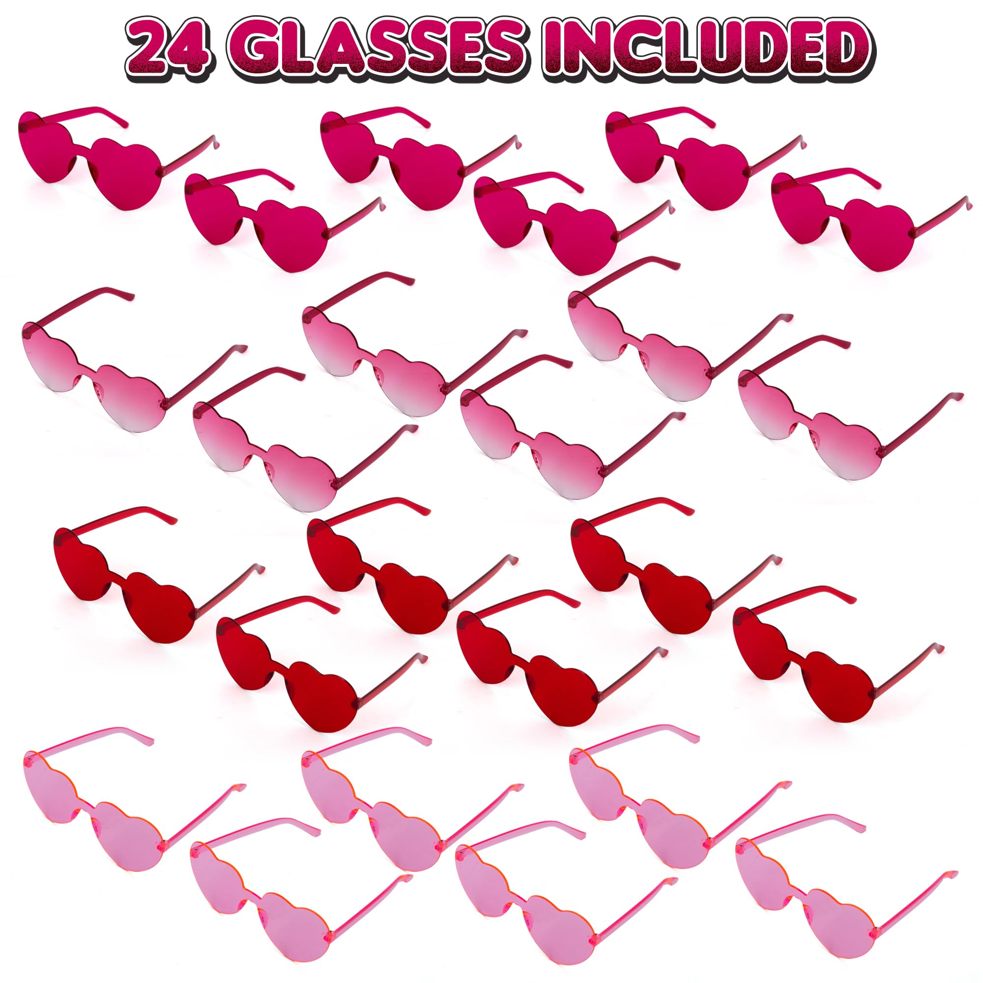 Heart Glasses Pack - 24 Heart Glasses (Bulk) - Valentines Heart Shaped Glasses in 4 Colors