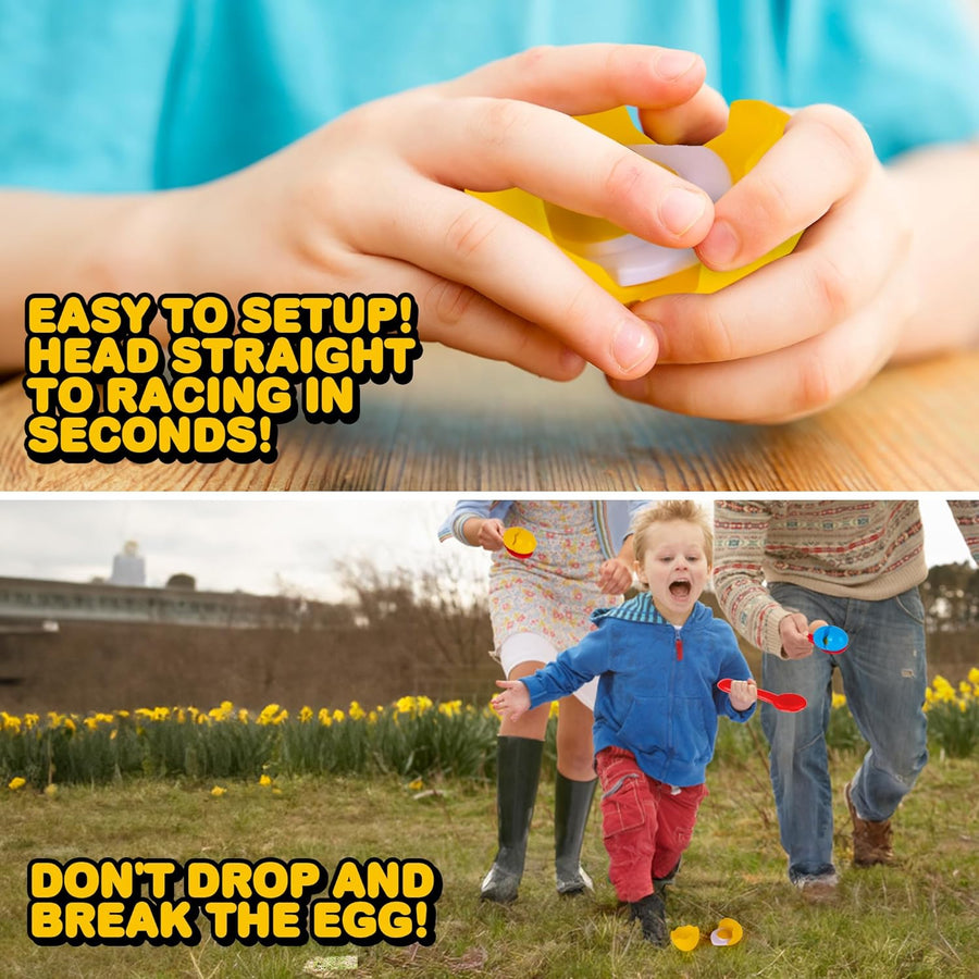 Egg Spoon Race Set - Includes 4 Spoons, 4 Eggshells That Open, and 4 Pretend Yolks