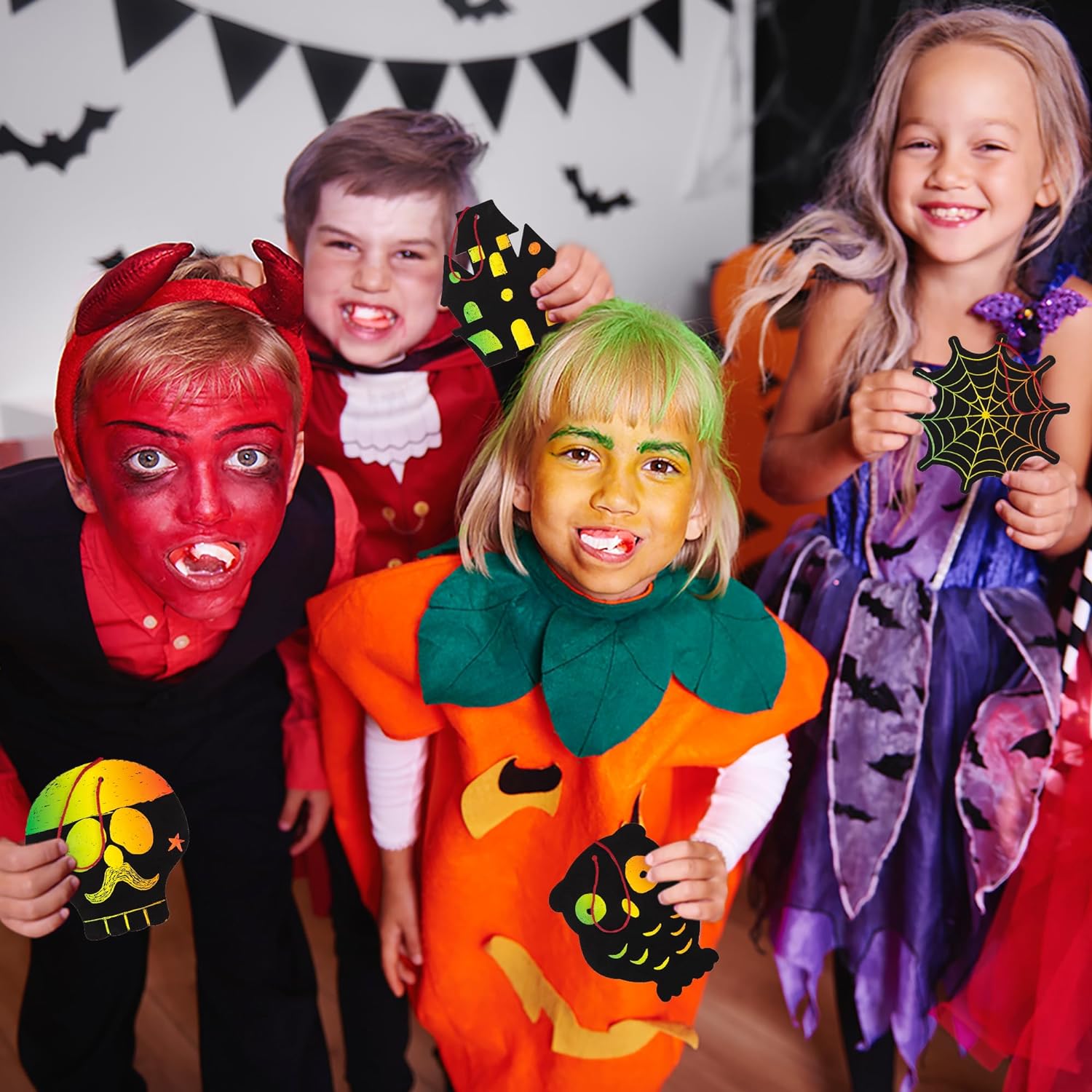 Halloween Scratch Art for Kids - 60 Sets of Scratch Paper - Halloween Crafts (Bulk) with 60 Designs, 60 Sticks, & 60 Pieces of Red String