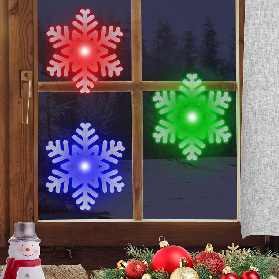 Suction Cup Window Lights for Christmas - Set of 3 Stick on Christmas Lights - Snowflake Window Light Decorations That Light Up in Green, Blue, Purple, and Red