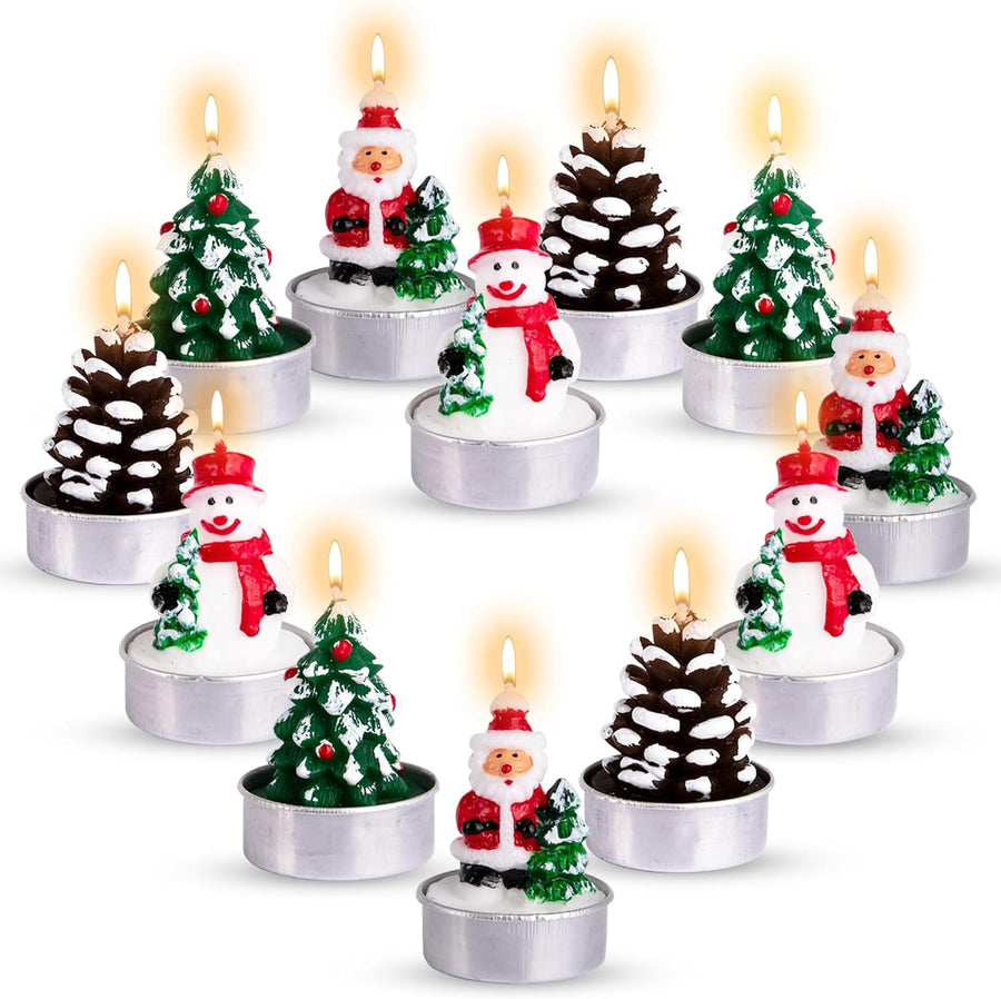 Bulk Christmas Candle Set - Includes 12 Christmas Tealight Candles in Festive Designs