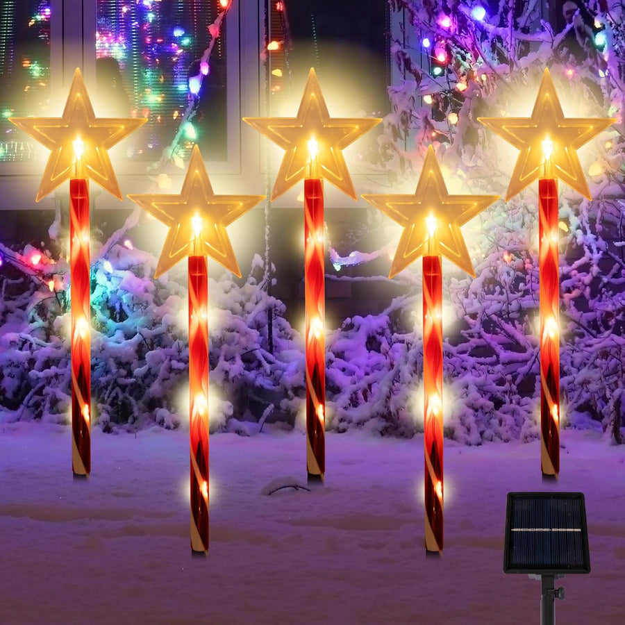Outdoor Christmas Solar Lights (Set of 5), Christmas Path Lights with 8 LED Modes & Candy Cane Design