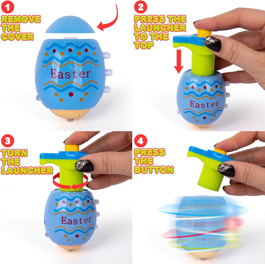 Light Up Easter Egg Spinning Tops for Kids - Set of 12 Top Spinners - Spinner Easter Egg Toys with LED Lights and Music