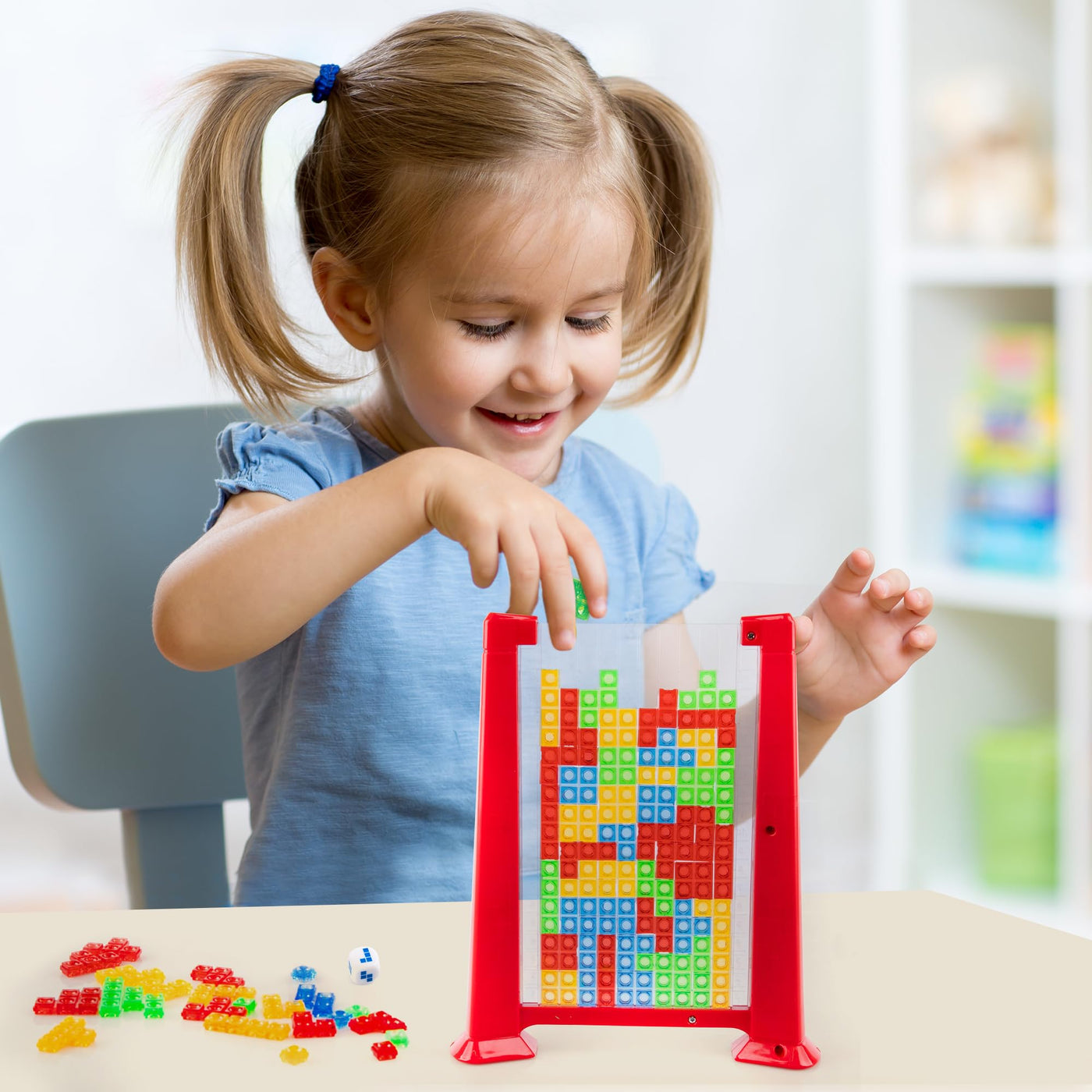 Falling Blocks Game - 3D Puzzles for Kids and Adults with 50 Game Pieces, Game Board, and Drawstring Bag - Ages 3 and Up