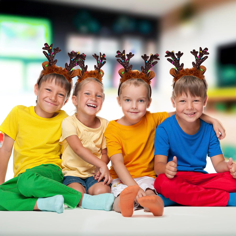 Light Up Christmas Reindeer Headbands - Set of 4 - Reindeer Ears Headbands with LED Lights and Jingling Bells