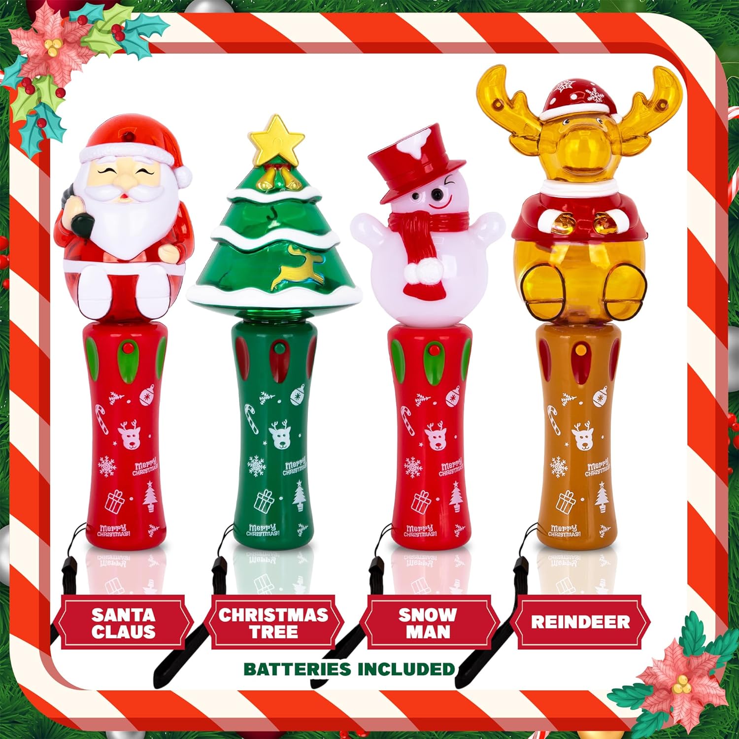Light Up Christmas Spinner Wands - Set of 4- Spinning Christmas Wands for Kids with Multicolored LEDs - 4 Festive Designs