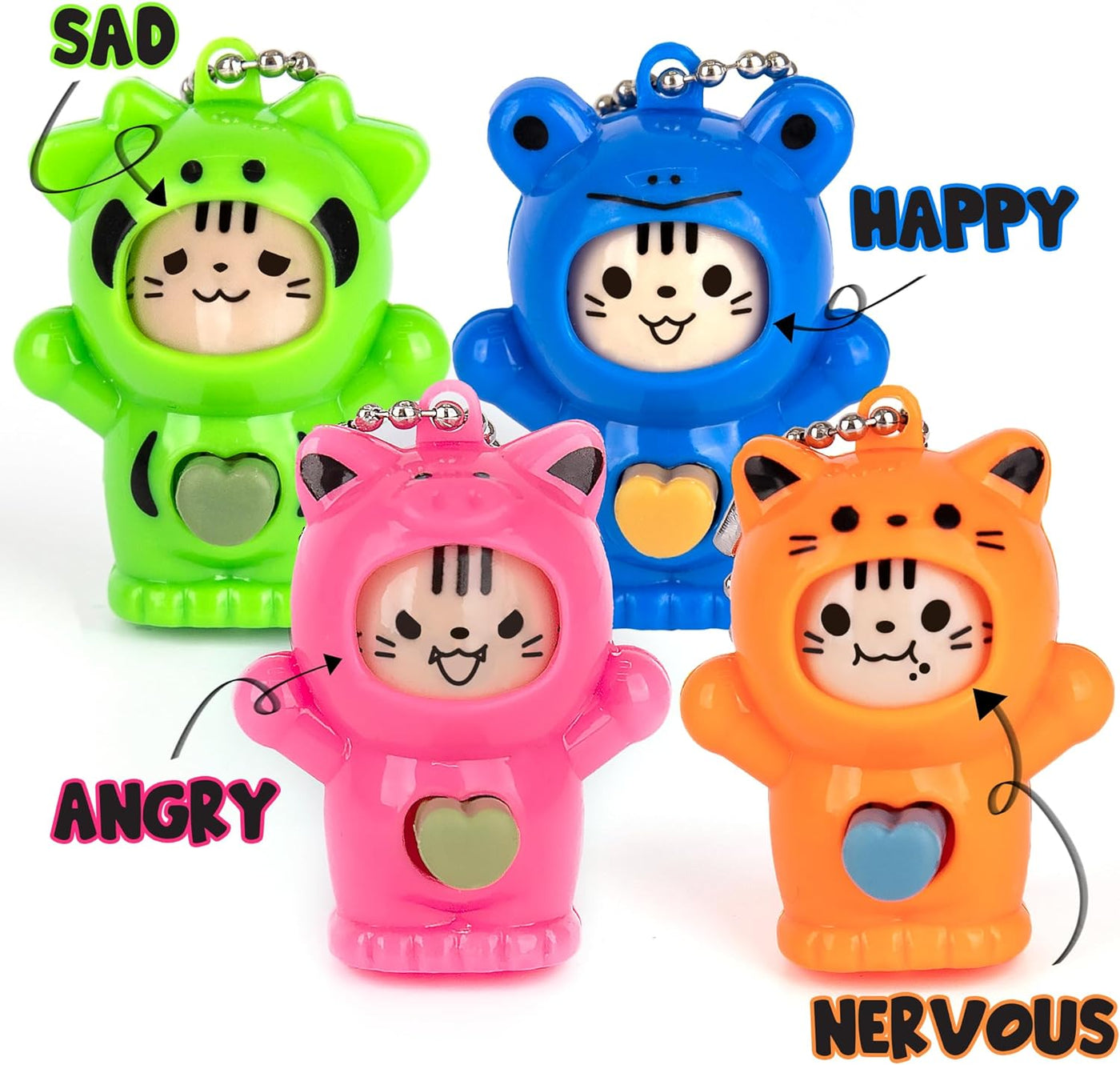 Face Changing Animal Keychains for Kids - Set of 12 - Cute Keychains with 4 Different Expressions and 5 Designs
