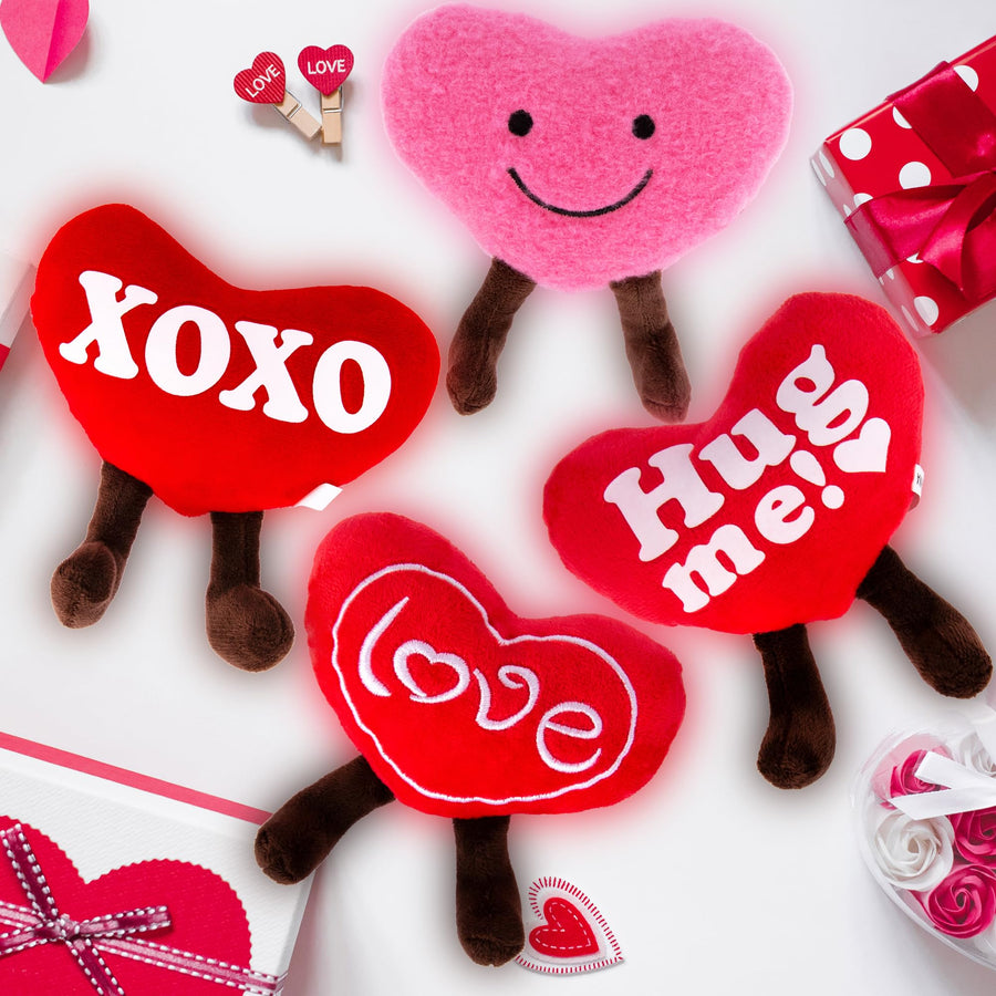 Set of 4 Small Valentines Plush Hearts - Cute Love Heart Plush Toys in Assorted Designs - Stuffed Love Heart Toy Set