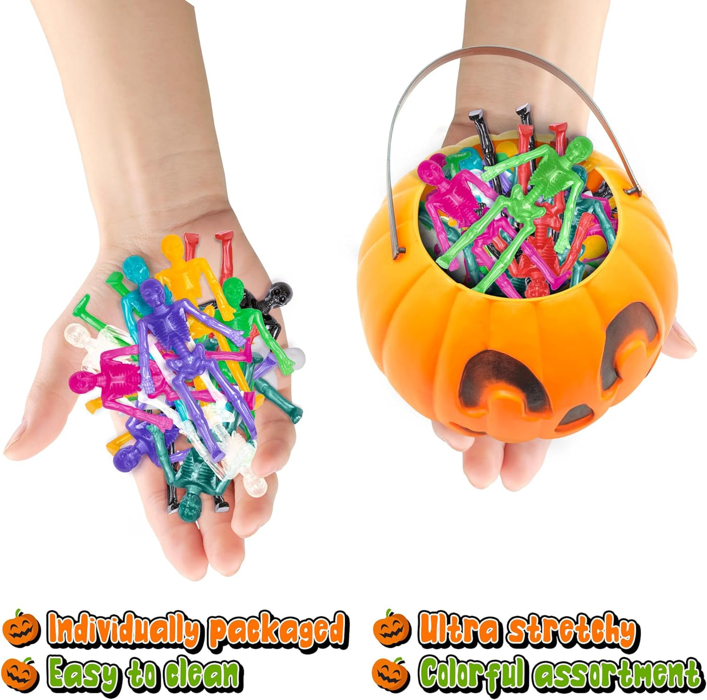 Super Stretchy Skeleton Toys - Set of 48 - Halloween Toys for Kids in 10 Vibrant Colors - Stretch 7X Their Size
