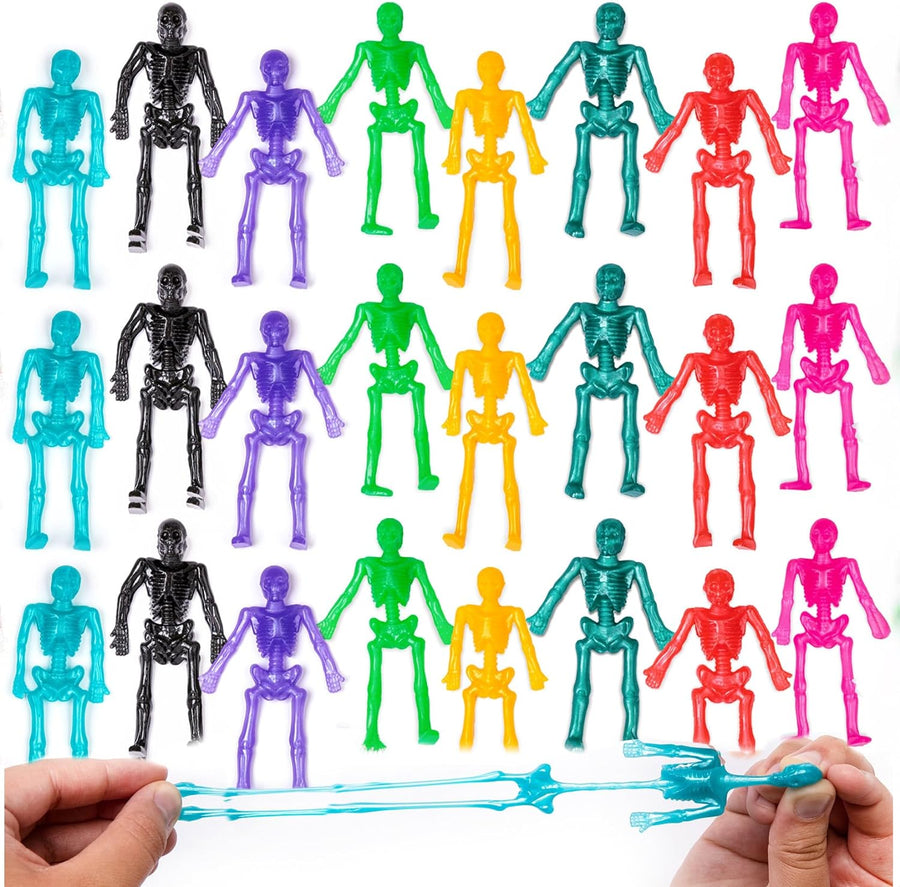 Super Stretchy Skeleton Toys - Set of 48 - Halloween Toys for Kids in 10 Vibrant Colors - Stretch 7X Their Size