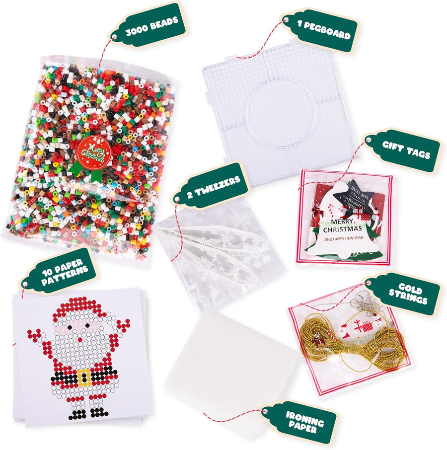 Christmas Fuse Beads Kit - Christmas Beads for Crafts with 3000 Fuse Beads (Bulk), 10 Patterns, 1 Pegboard, Tweezers, Ironing Paper, Gift Tags, and Gold Strings