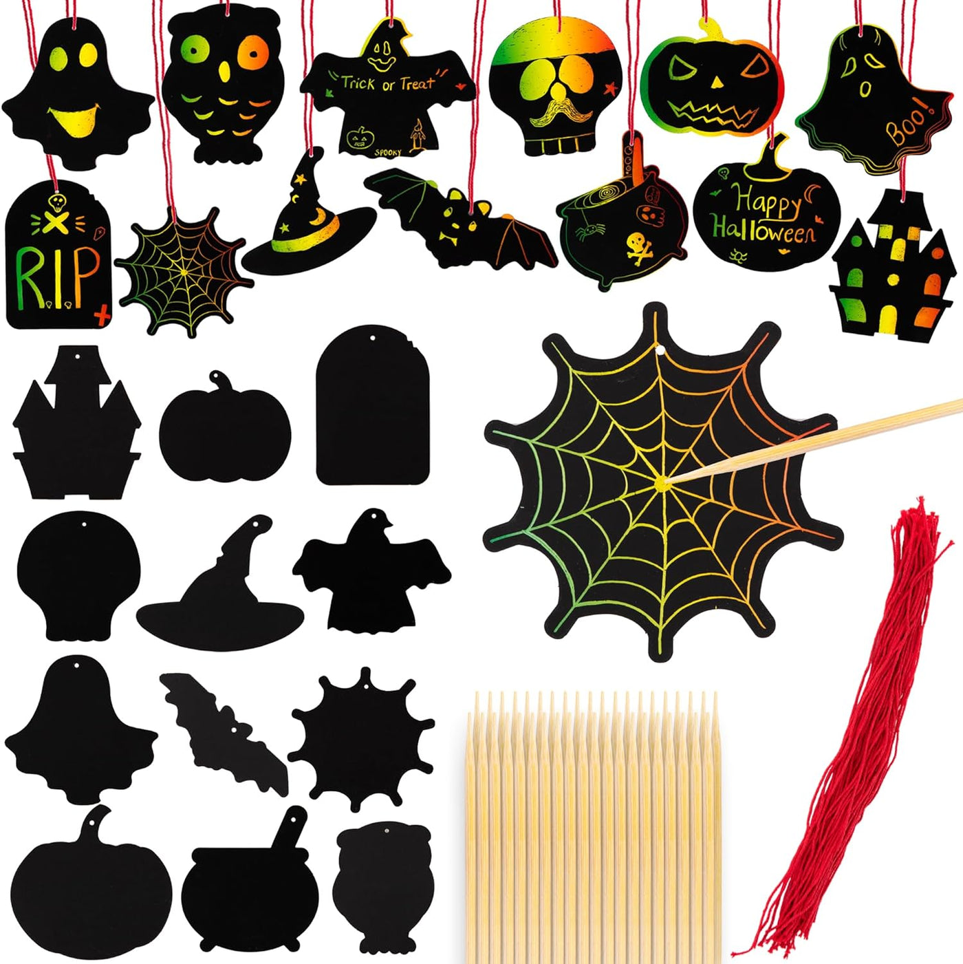 Halloween Scratch Art for Kids - 60 Sets of Scratch Paper - Halloween Crafts (Bulk) with 60 Designs, 60 Sticks, & 60 Pieces of Red String