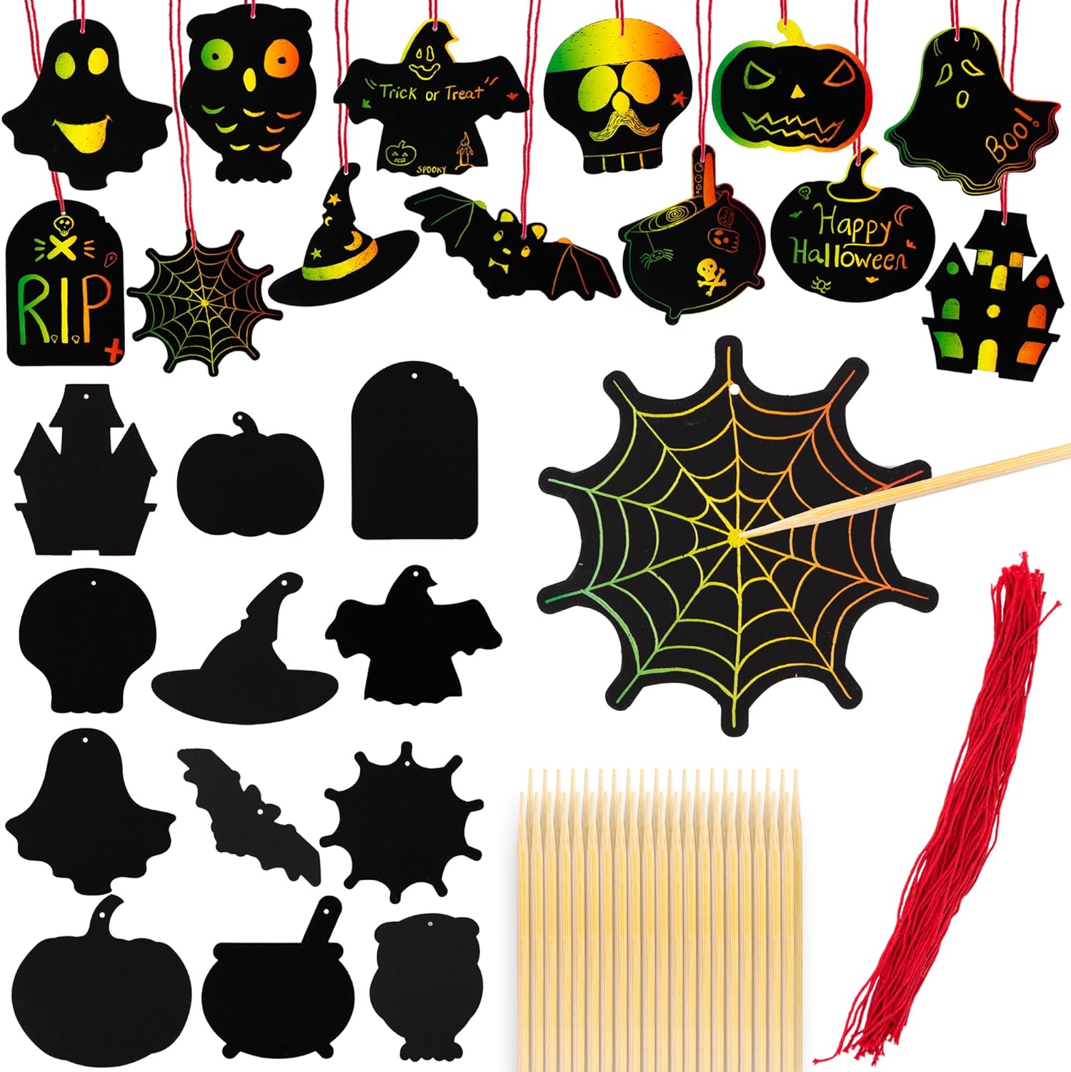 Halloween Scratch Art for Kids - 60 Sets of Scratch Paper - Halloween Crafts (Bulk) with 60 Designs, 60 Sticks, & 60 Pieces of Red String