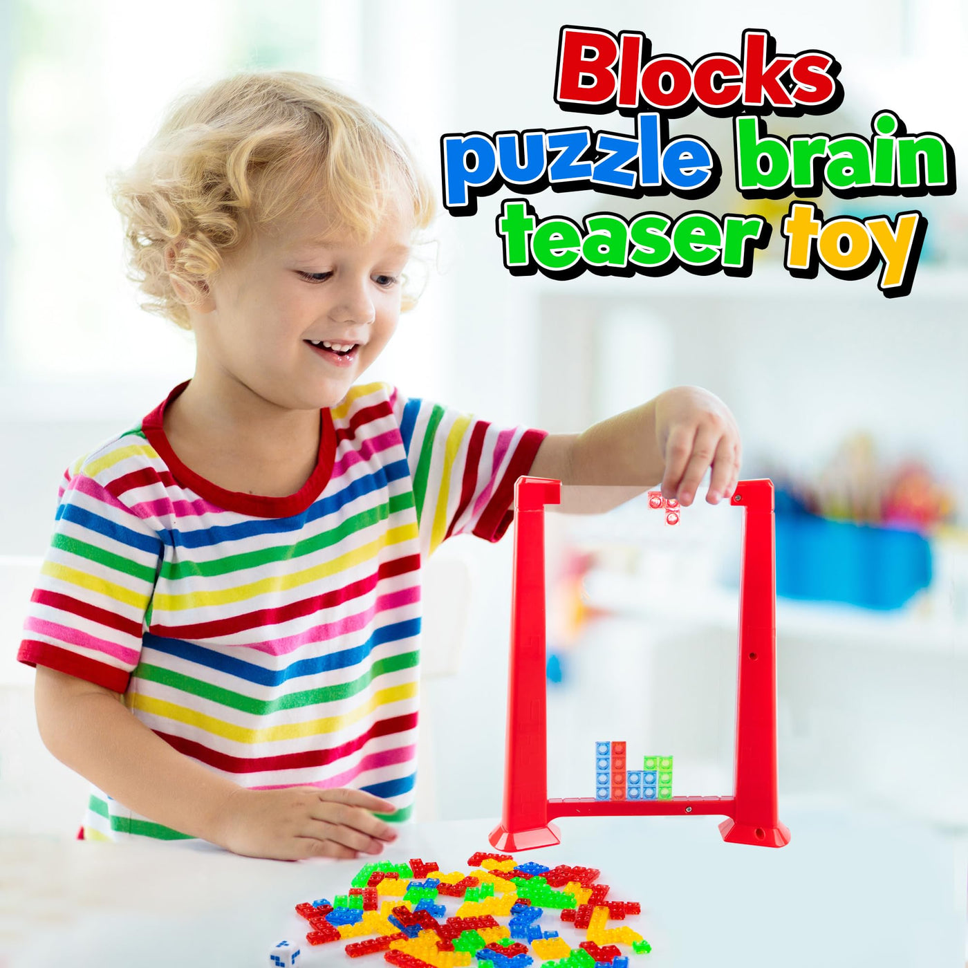 Falling Blocks Game - 3D Puzzles for Kids and Adults with 50 Game Pieces, Game Board, and Drawstring Bag - Ages 3 and Up