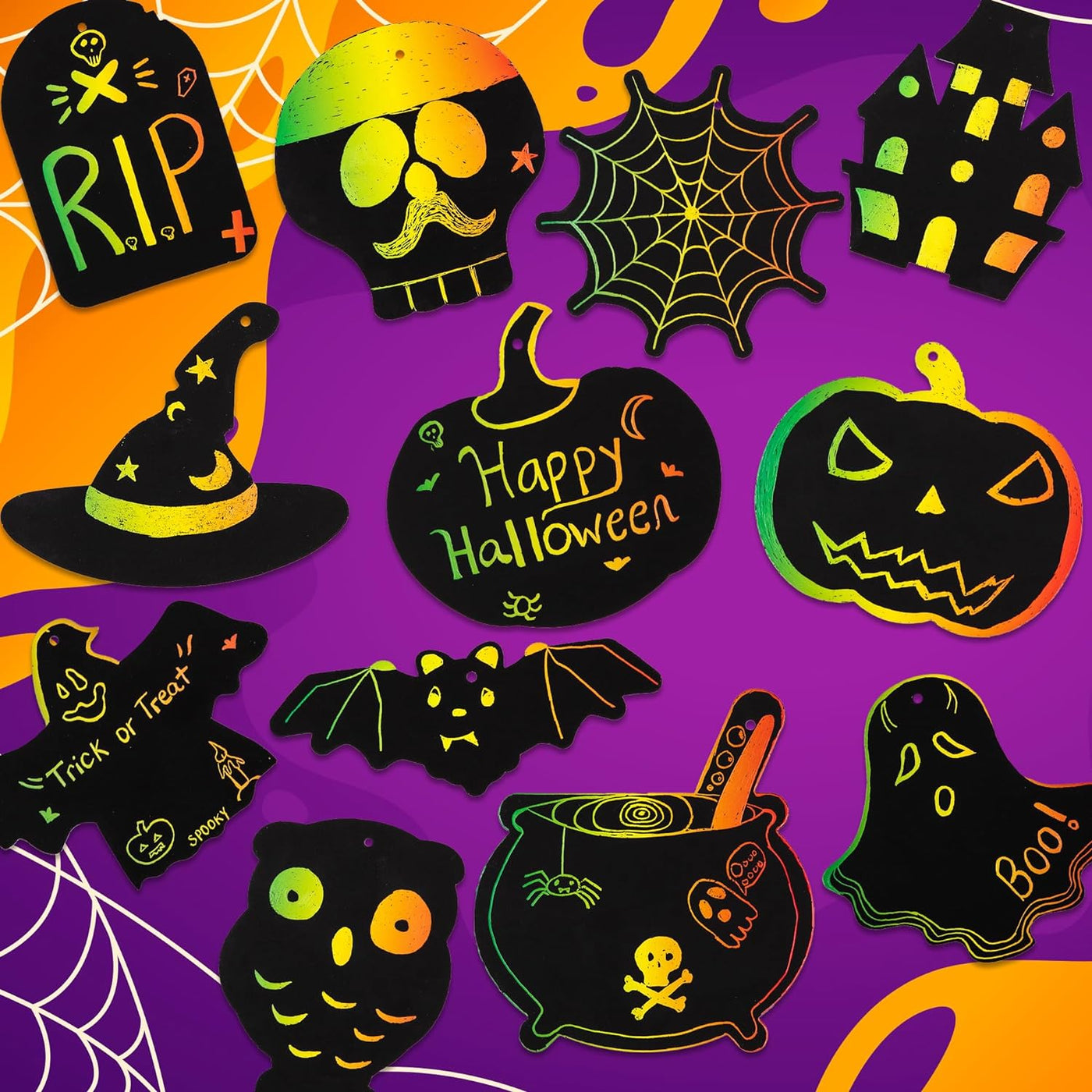 Halloween Scratch Art for Kids - 60 Sets of Scratch Paper - Halloween Crafts (Bulk) with 60 Designs, 60 Sticks, & 60 Pieces of Red String