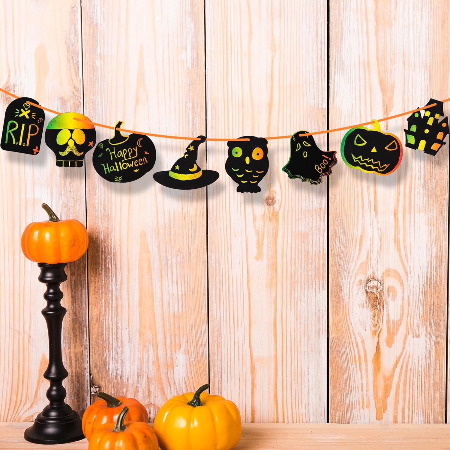 Halloween Scratch Art for Kids - 60 Sets of Scratch Paper - Halloween Crafts (Bulk) with 60 Designs, 60 Sticks, & 60 Pieces of Red String