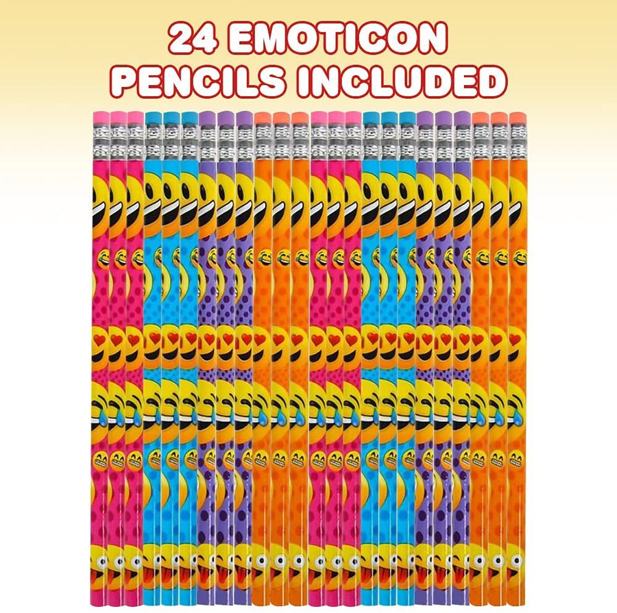 Emoticon Pencils, Set of 24, Cool Writing Pencils with Erasers with Assorted Emoticon Designs, Birthday Party Favors, Party Goody Bag Fillers, Teacher Supplies for Classroom