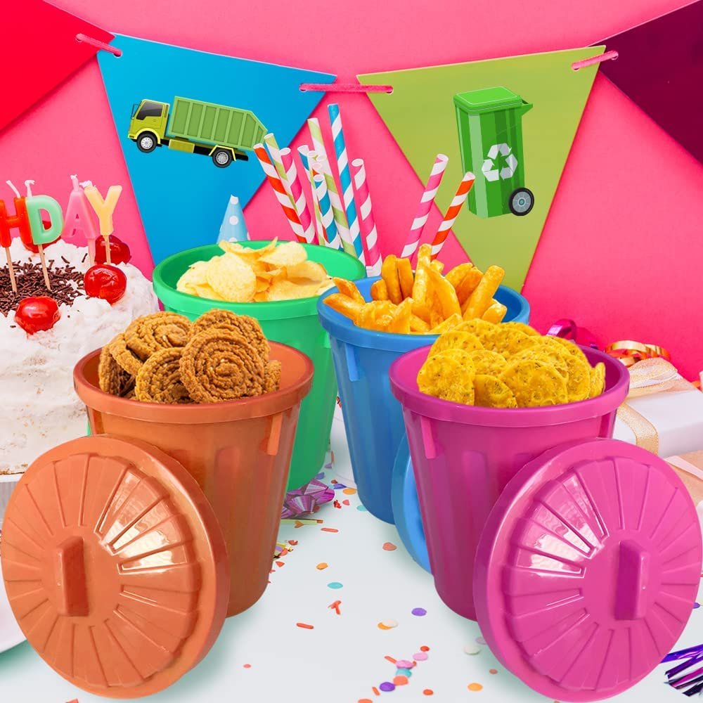 Large Trash Cans Set with Lids, Set of 4, Garbage Bin Toy in Assorted Neon Colors, Unique Desk Organizer, Birthday Party Favors for Kids, Cute Classroom Decor