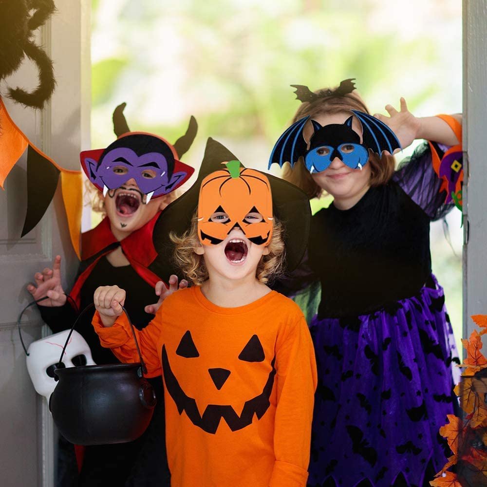 Halloween Foam Face Masks for Kids, Set of 12, Fun Halloween Costume Accessories, 6 Colorful Designs, Photo Booth Props and Halloween Party Favors, Non-Candy Trick or Treat Supplies