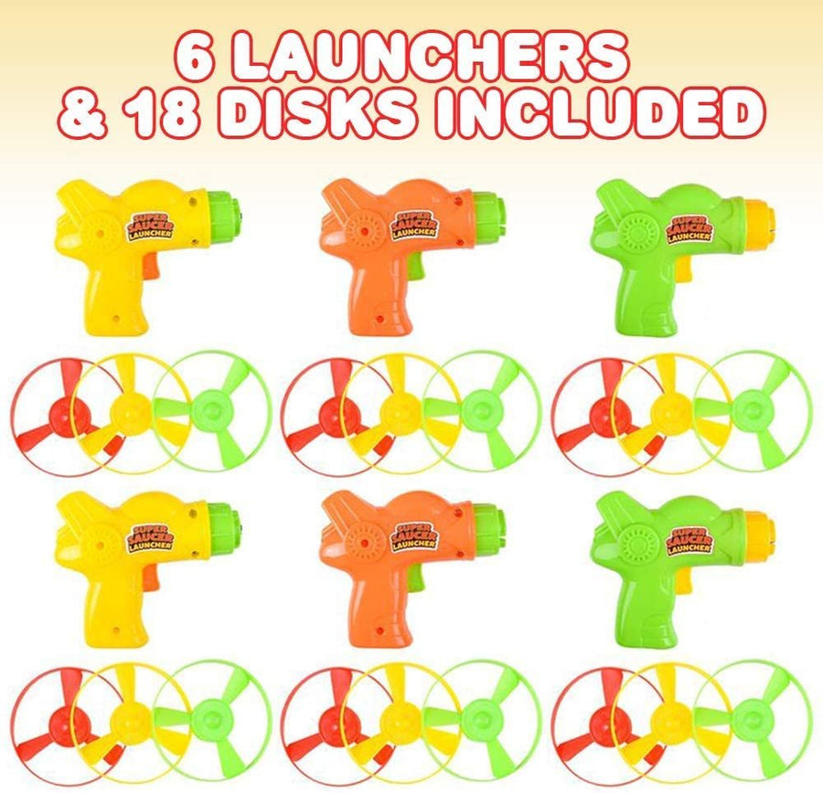Super Saucer Disc Launcher Toys, Set of 6, Disk Shooter Sets with 1 Flying Saucer Gun and 3 Spinning Disks Each, Super Fun Outdoor Flying Toys for Kids, Great Birthday Party Favors