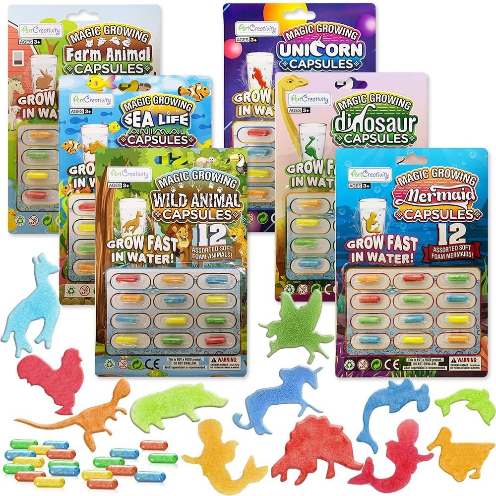 Magic Growing Animal Capsules, 6 Theme Packs with 12 Capsules Each - Unicorn, Mermaid, Dinosaur, Sea Life Animal, Wild Animal, Farm Animal- Magic Grow Water Toys Party Favor Set for Kids