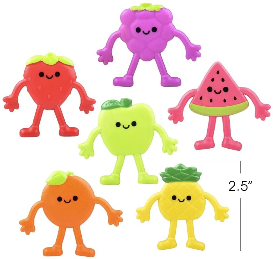 Mini Bendable Fruit Toys, Set of 48, Kids’ Fidget Toys in 6 Assorted Designs, Vibrant Stress Toys for Boys and Girls, Great as Goodie Bag Stuffers and Pinata Fillers