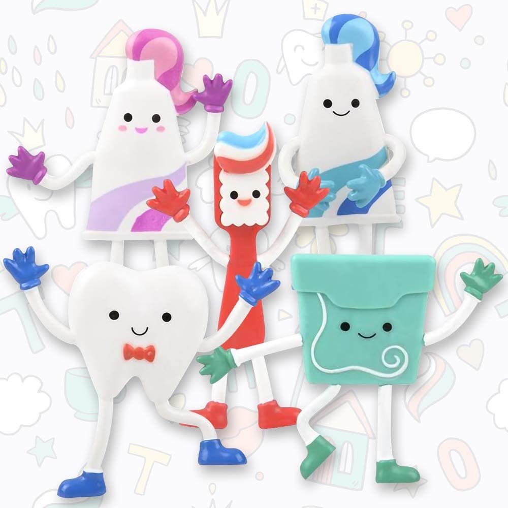 Dental Bendable Assortment, Set of 5 Flexible Figurines, Stress Relief Fidget Toys, Goodie Bag Stuffers, Piñata Fillers, Party Favors for Kids, Dental Toys Giveaways