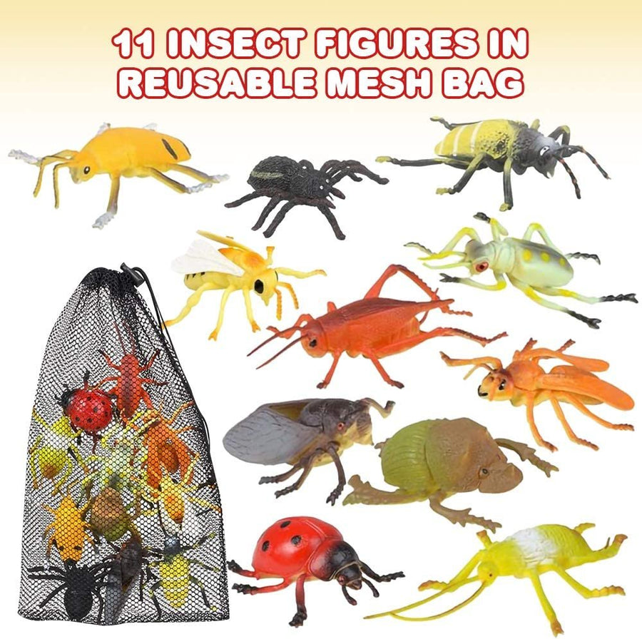 Insect Figures Assortment in Mesh Bag, Pack of 11 Insect Figurines in Assorted Designs, Bath Water Toys for Kids, Party Décor, Party Favors for Boys and Girls