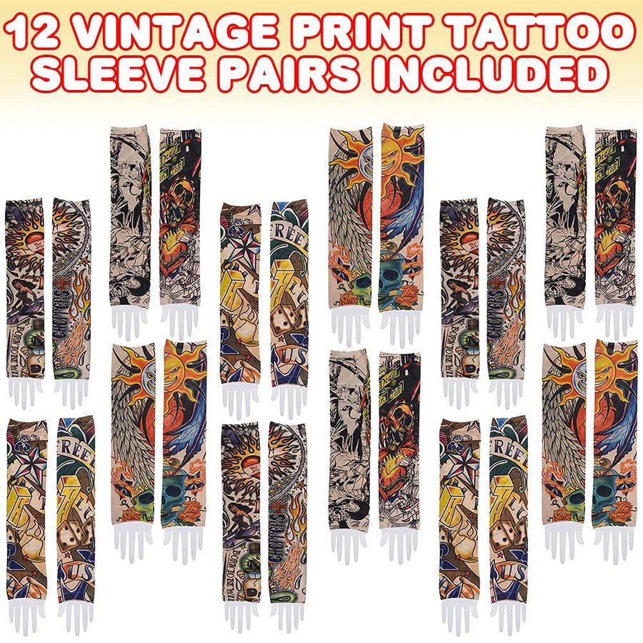 Vintage Print Tattoo Sleeves, 12 Pairs, Fake Tattoos for Kids and Adults, Temporary Tattoo Arm Sleeves Made of Soft Fabric, Rockstar Halloween Costume Accessories for Boys and Girls