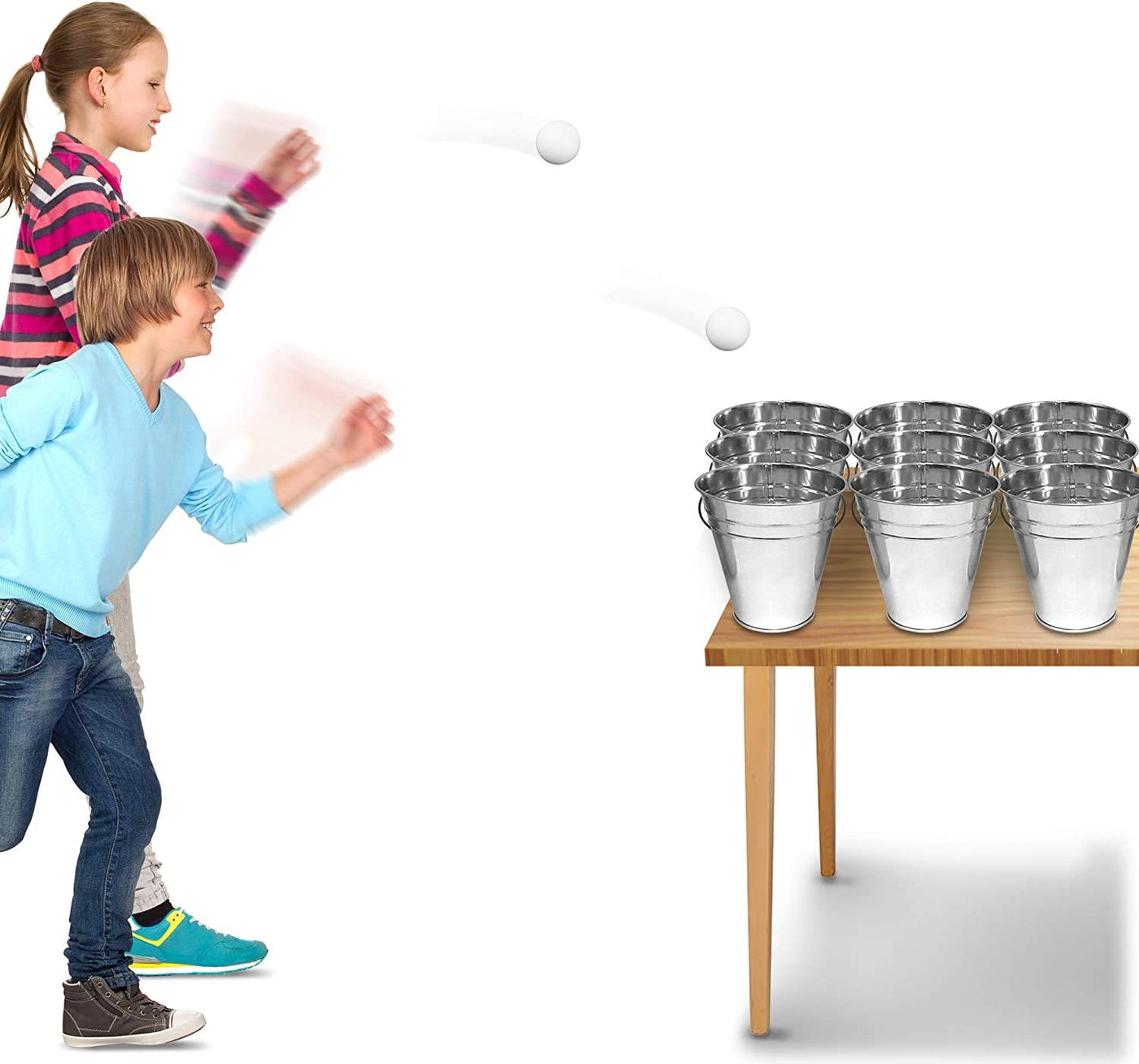 Gamie Bucket Ping Pong Ball Game Includes 9 Metal Buckets, 12 Balls, and 1 Number Sticker Sheet - Fun Party Activity for Kids and Adults, Great Gift Idea for Kids