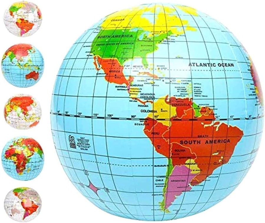 Inflatable World Globe Ball Set by - Set of 6 Print Blue and Clear - Colorful Earth Map, 16" Inflatable Beachball for Pool, Summer Fun Toys for Kids, Learning and More