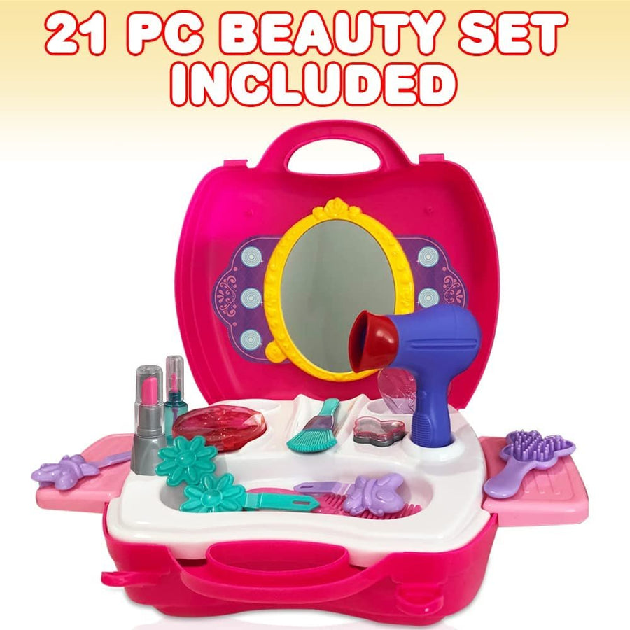 Beauty Playset for Kids, 21 Piece Makeup Set for Girls with Carry Case, Mirror, Brushes, Pretend Play Cosmetics, and More, Toy Vanity Mirror for Girls, Salon Station for Hours of Fun